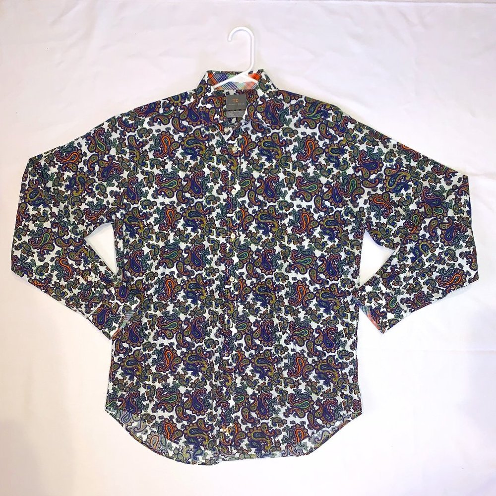 Mens Thomas Dean Med 100% Cotton Button Up Long Sleeve Paisley Roll Striped Cuff